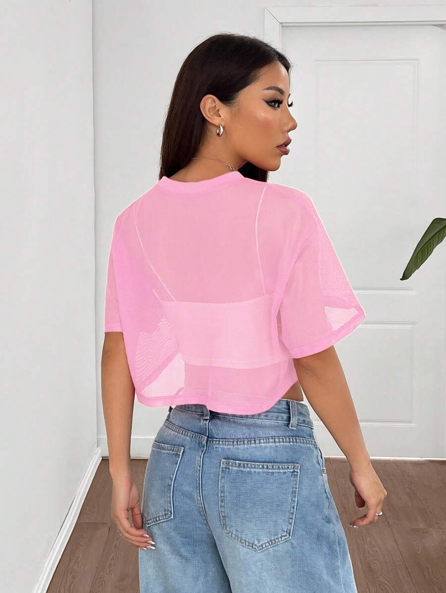 Loose transparent mesh top with short sleeves for women