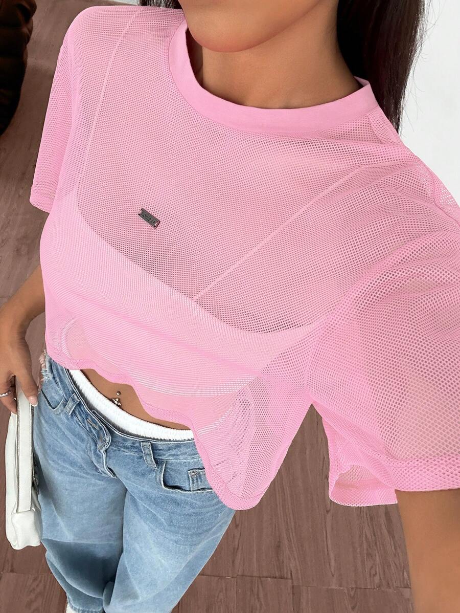Loose transparent mesh top with short sleeves for women