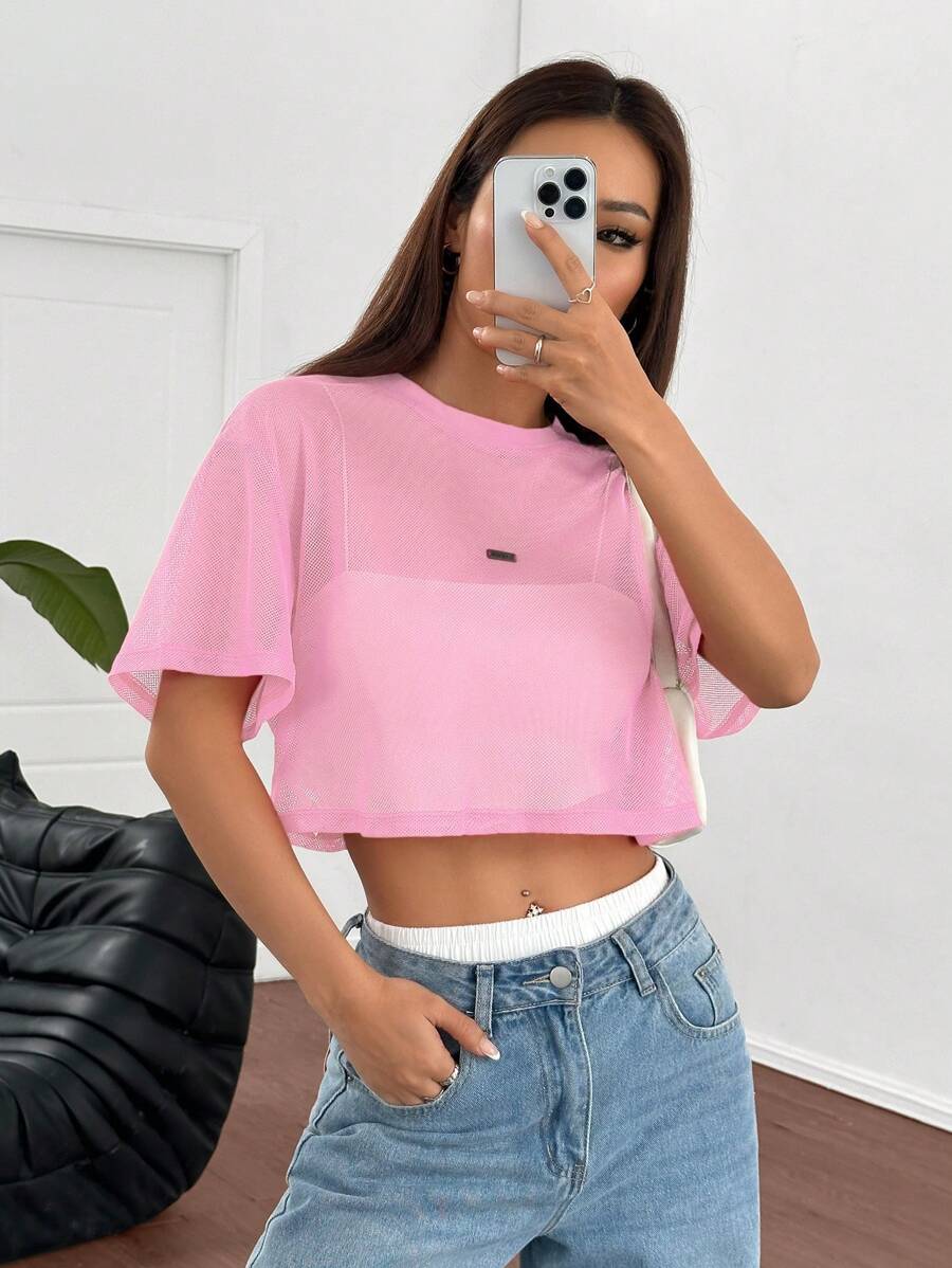 Loose transparent mesh top with short sleeves for women
