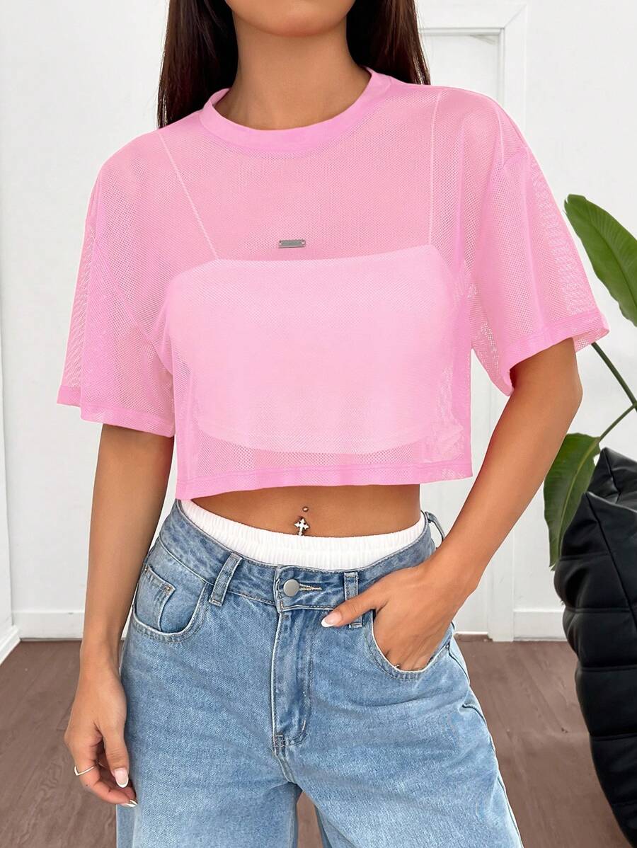 Loose transparent mesh top with short sleeves for women