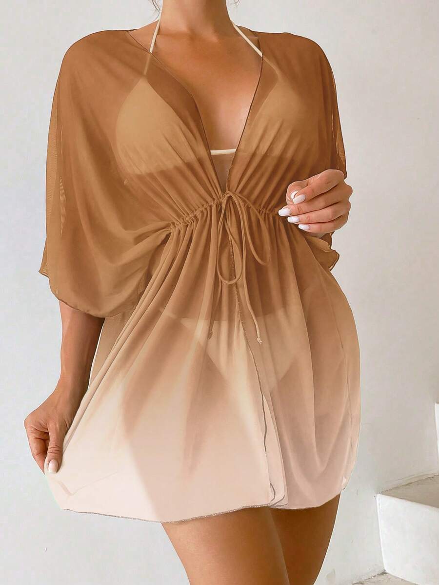 Kimono beach swimsuit cover-up in shaded mesh with batwing sleeves for women