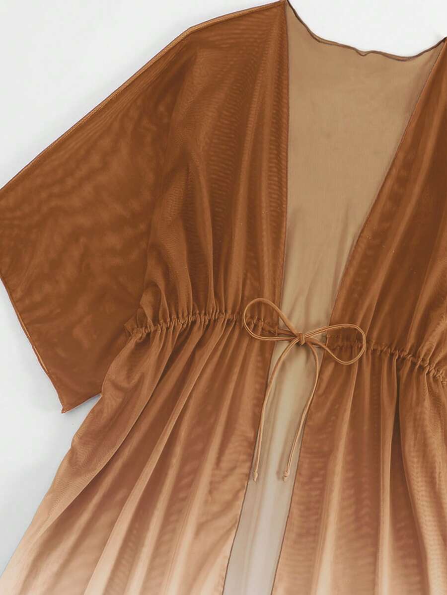 Kimono beach swimsuit cover-up in shaded mesh with batwing sleeves for women