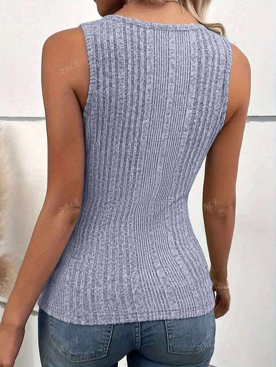 Ribbed knit tank tops buttoned at the front – Casual round neck for summer