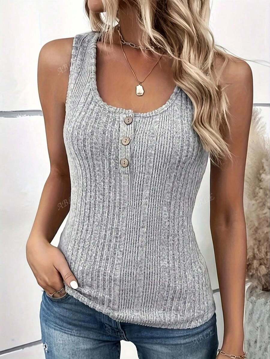 Ribbed knit tank tops buttoned at the front – Casual round neck for summer