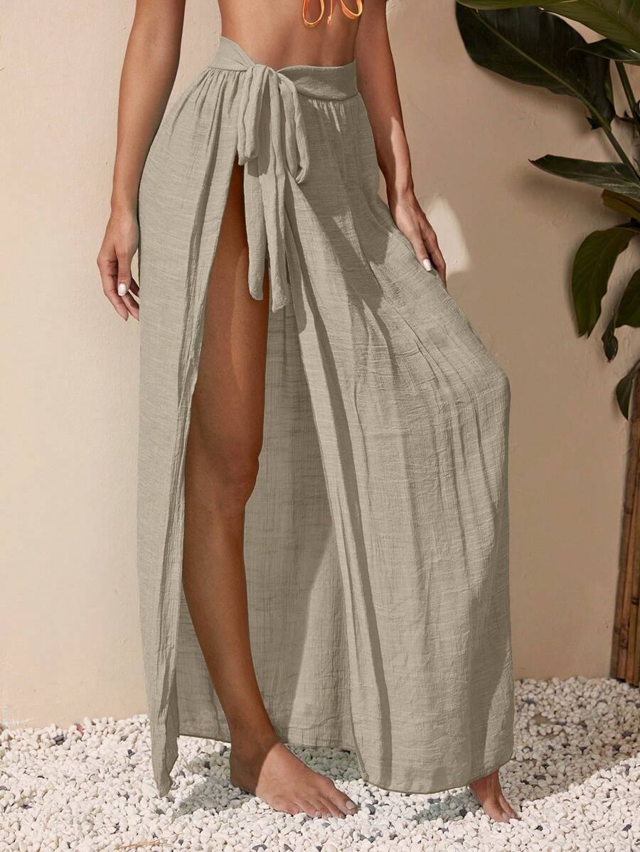 Beach swimsuit cover-up skirt with tied waist belt for women