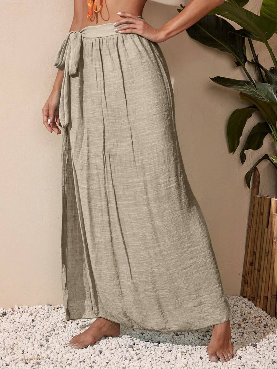 Beach swimsuit cover-up skirt with tied waist belt for women