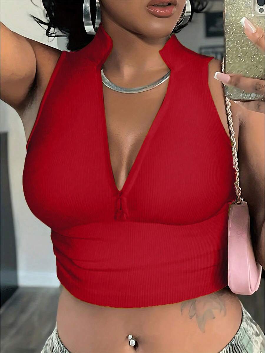 Ribbed knit tank tops with mock neck – Fitted cropped sleeveless top