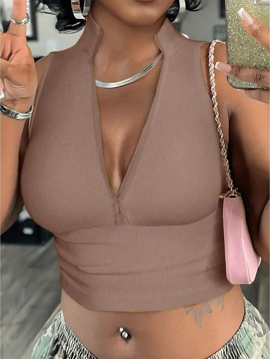 Ribbed knit tank tops with mock neck – Fitted cropped sleeveless top