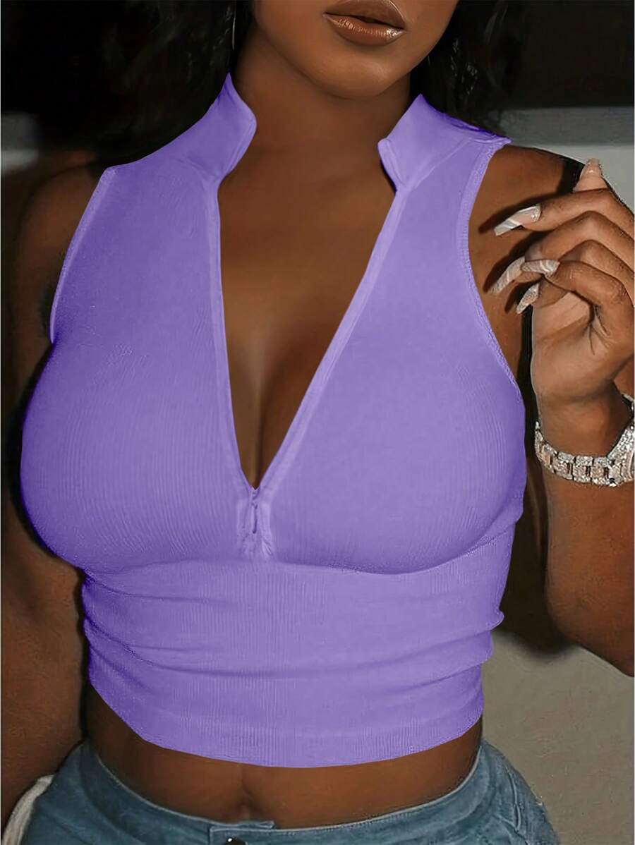 Ribbed knit tank tops with mock neck – Fitted cropped sleeveless top