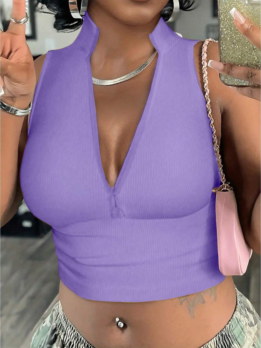 Ribbed knit tank tops with mock neck – Fitted cropped sleeveless top