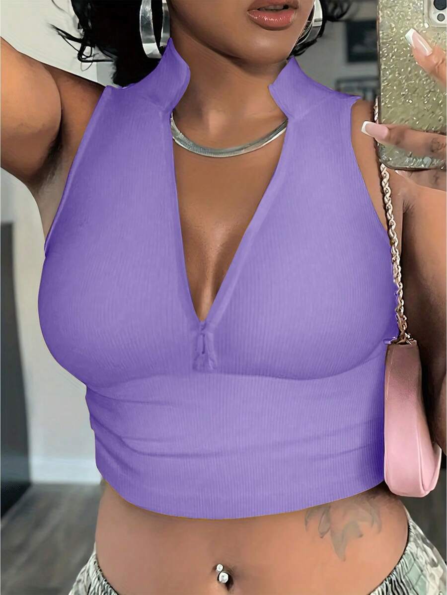 Ribbed knit tank tops with mock neck – Fitted cropped sleeveless top