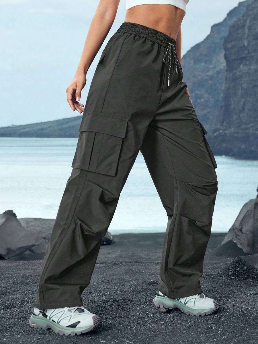 Pantalon utilitaire uni à cordon de serrage – Pantalon large pour femme