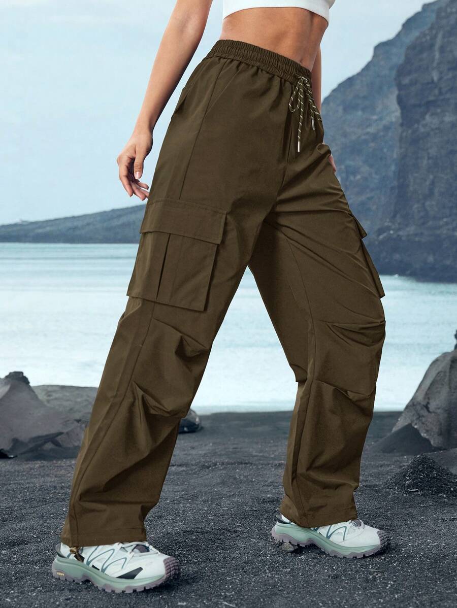 Pantalon utilitaire uni à cordon de serrage – Pantalon large pour femme