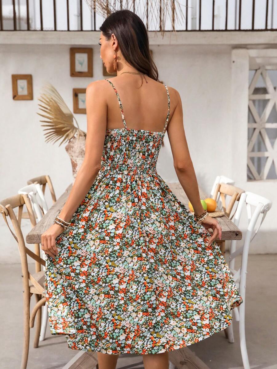 Midi floral dress with thin straps, open back and slit for women