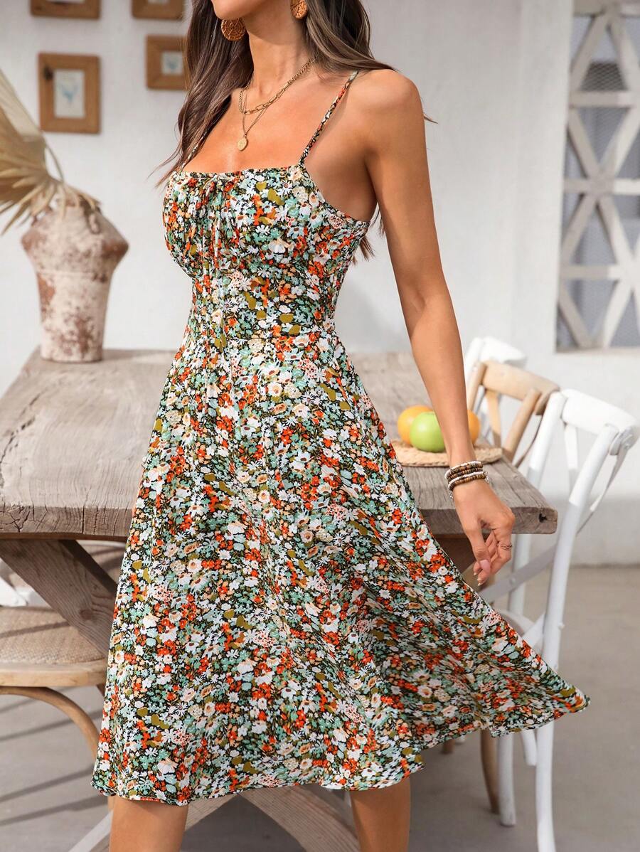 Midi floral dress with thin straps, open back and slit for women