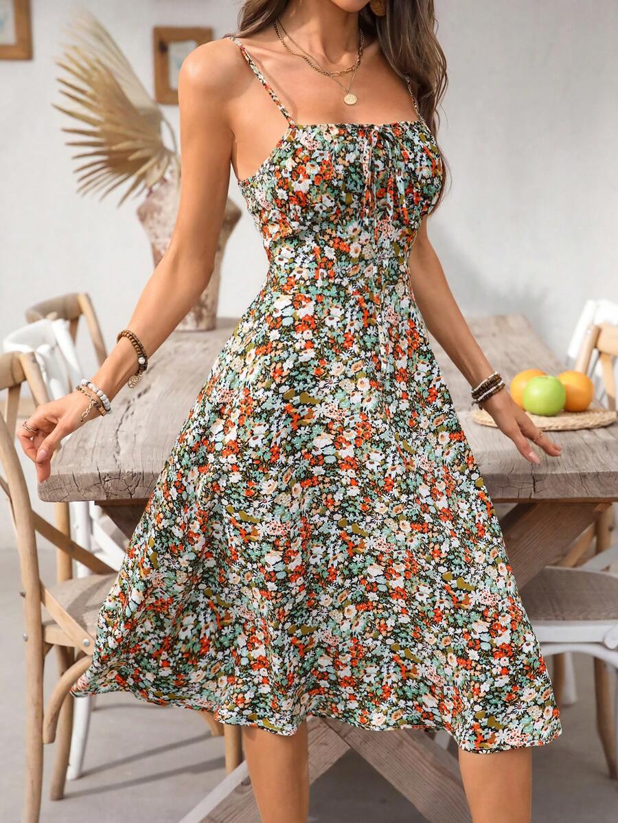 Midi floral dress with thin straps, open back and slit for women