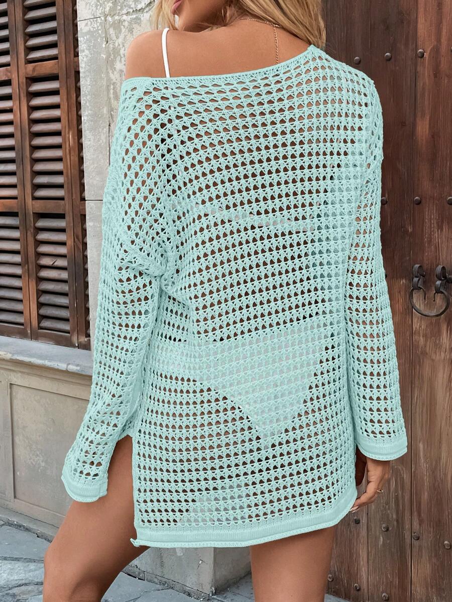 Long-sleeve openwork knit beach cover-up for women