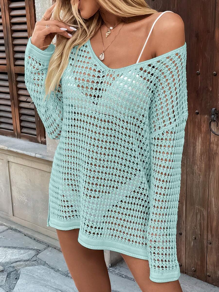 Long-sleeve openwork knit beach cover-up for women