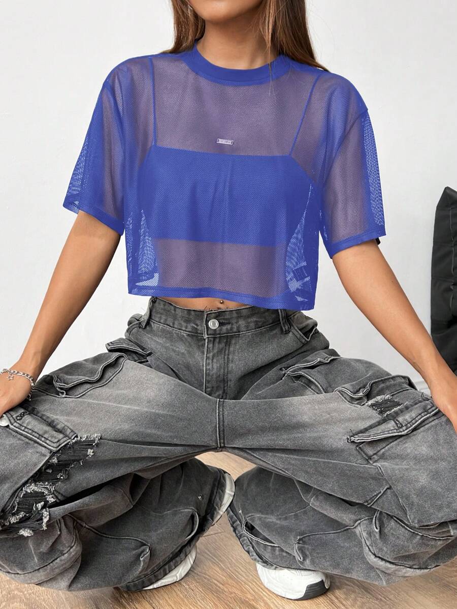 Loose transparent mesh top with short sleeves for women