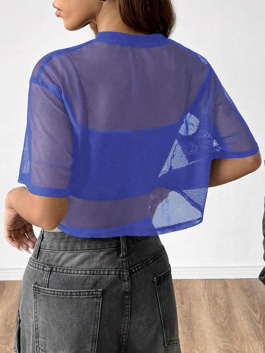 Loose transparent mesh top with short sleeves for women