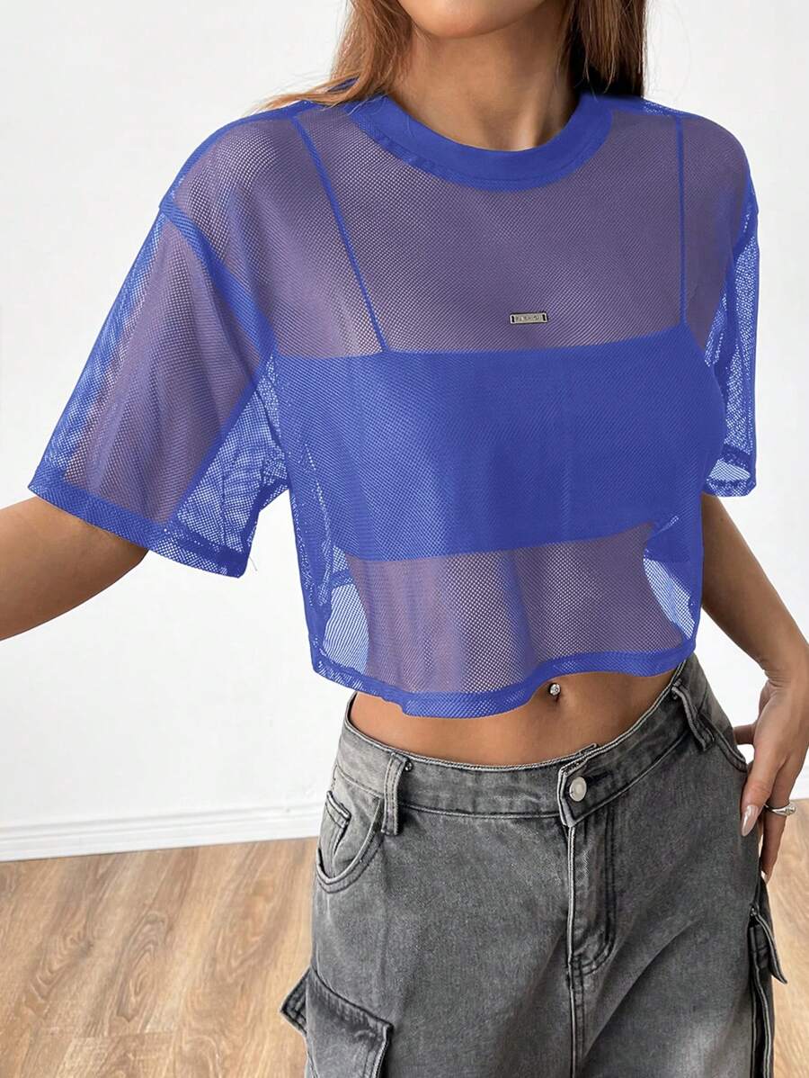 Loose transparent mesh top with short sleeves for women
