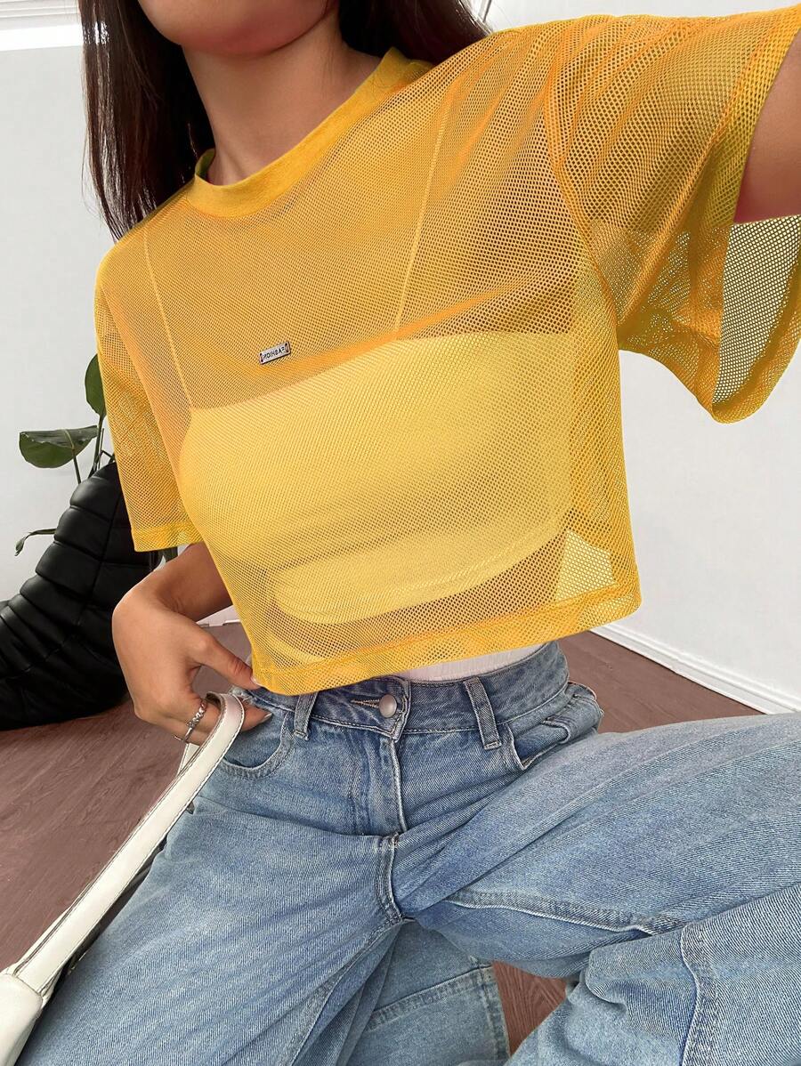 Loose transparent mesh top with short sleeves for women
