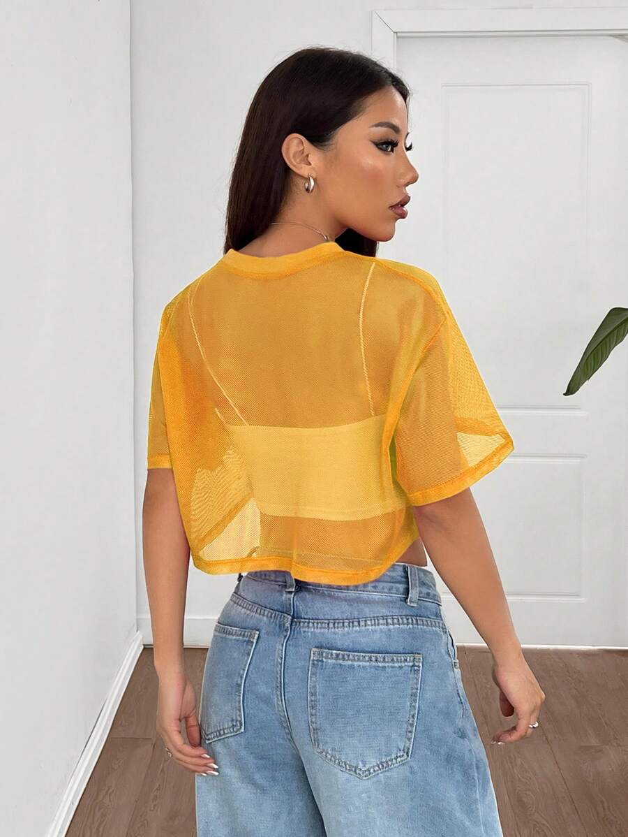 Loose transparent mesh top with short sleeves for women