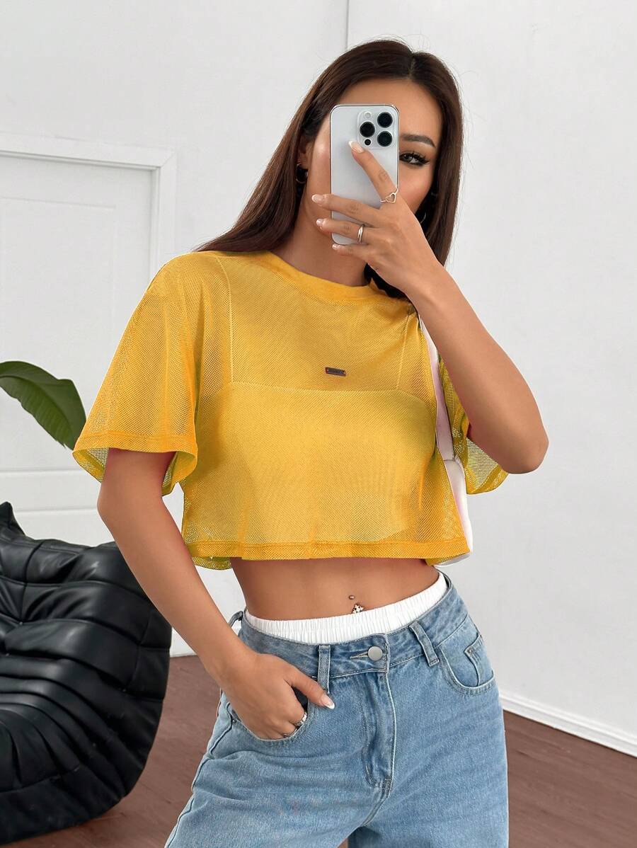 Loose transparent mesh top with short sleeves for women