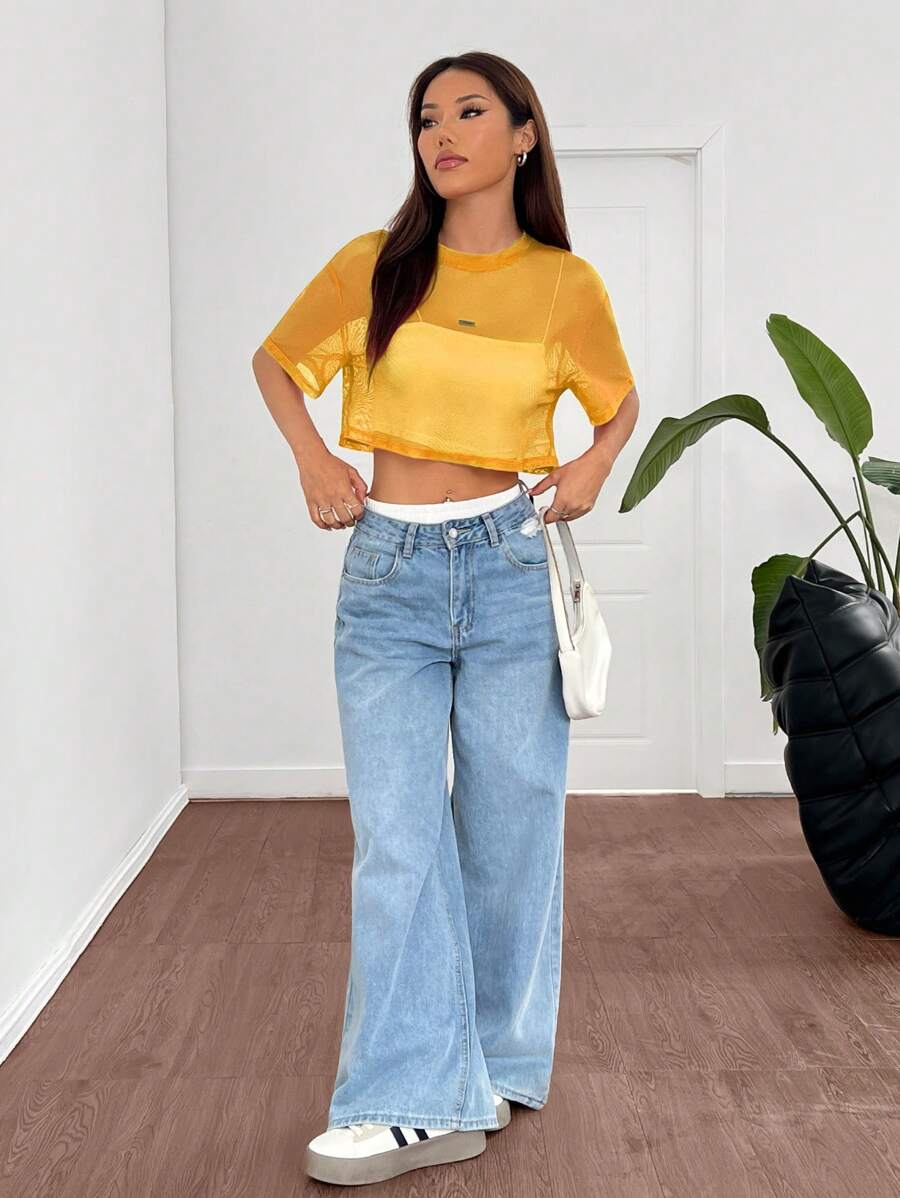 Loose transparent mesh top with short sleeves for women