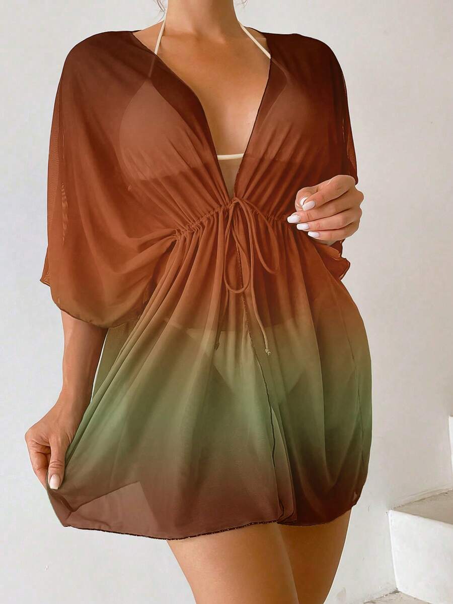 Kimono beach swimsuit cover-up in shaded mesh with batwing sleeves for women