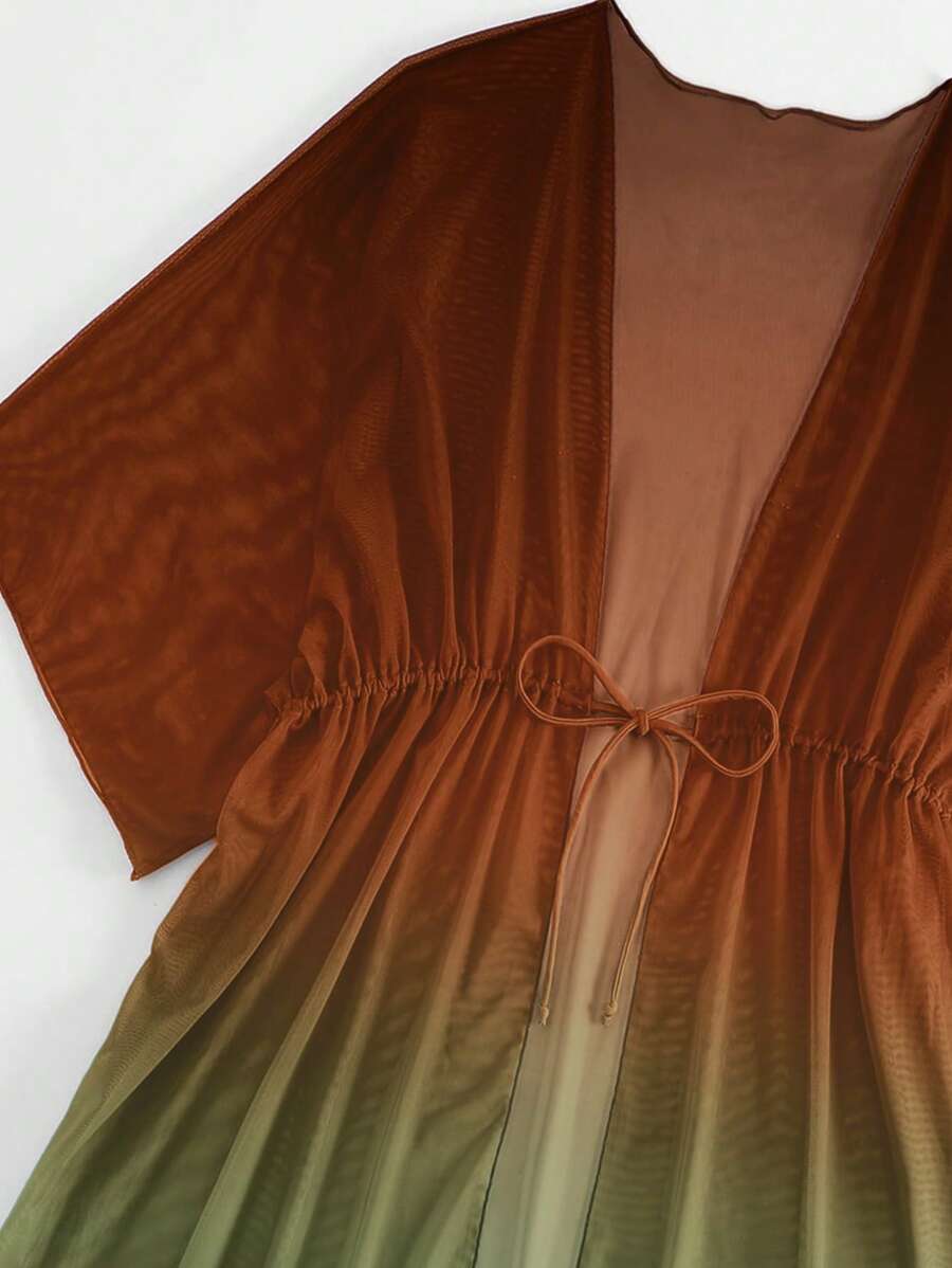 Kimono beach swimsuit cover-up in shaded mesh with batwing sleeves for women
