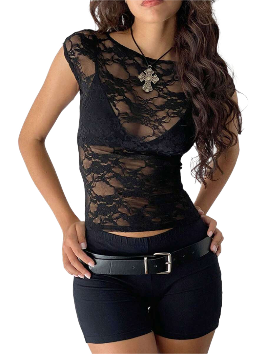 Transparent mesh top with short sleeves and fitted cut for women