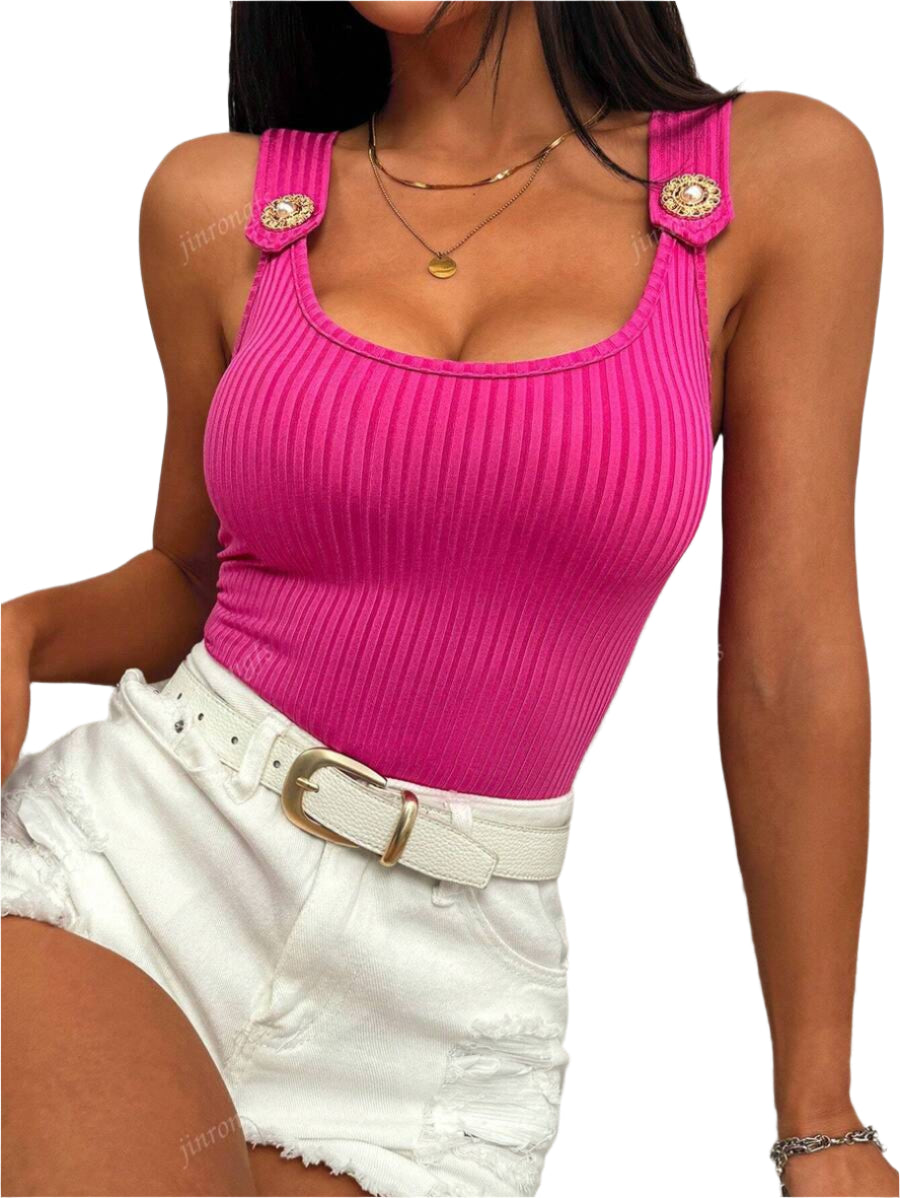 Ribbed knit tank tops with wide straps for women – Casual slim fit summer top
