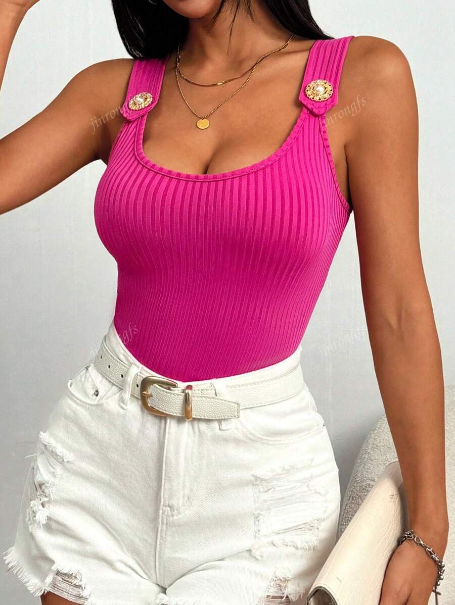 Ribbed knit tank tops with wide straps for women – Casual slim fit summer top