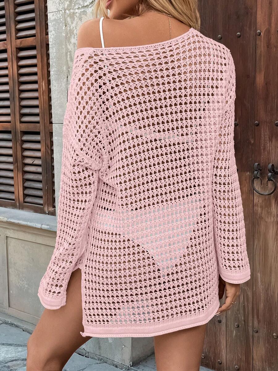 Long-sleeve openwork knit beach cover-up for women