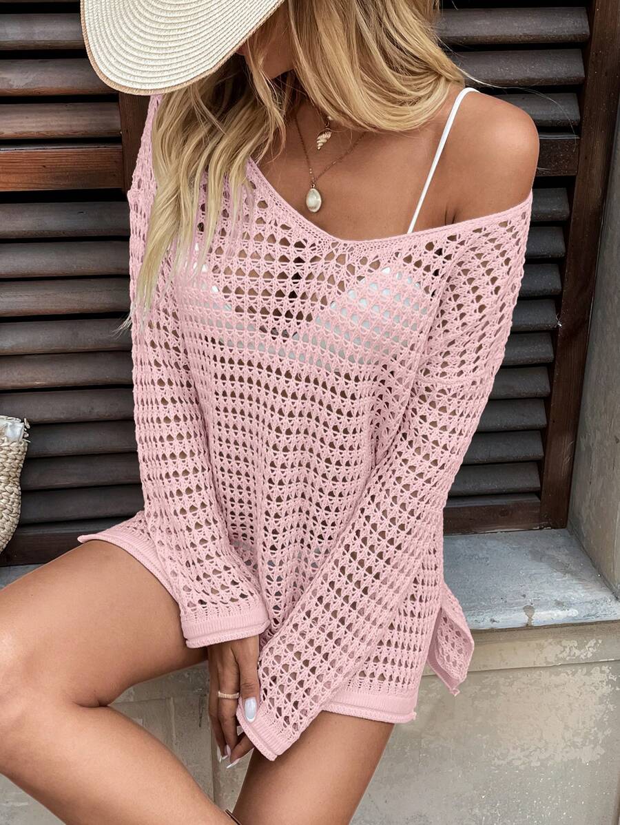 Long-sleeve openwork knit beach cover-up for women