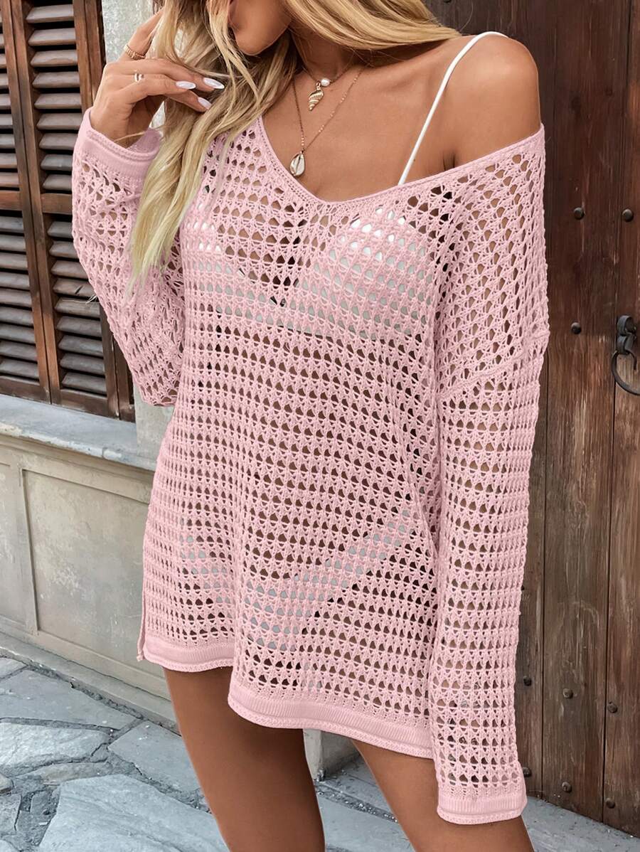 Long-sleeve openwork knit beach cover-up for women