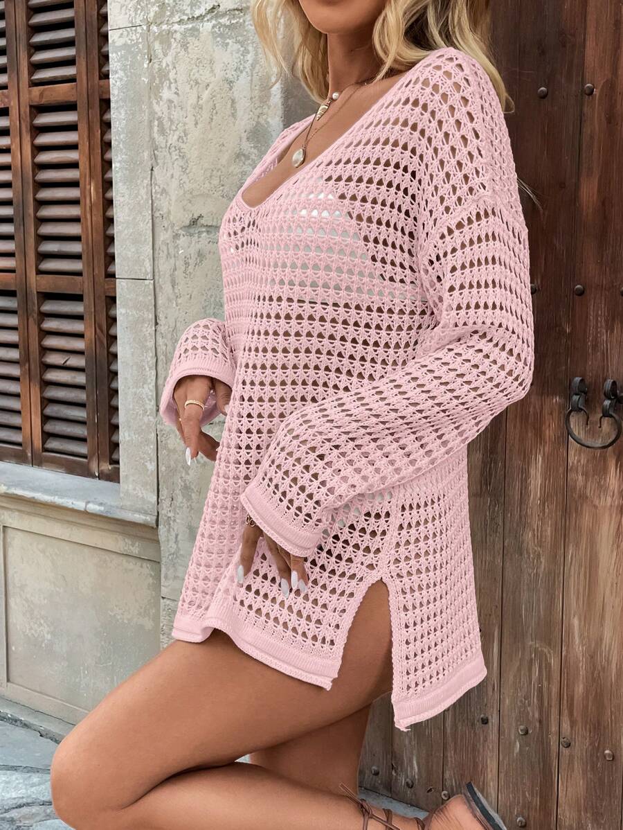 Long-sleeve openwork knit beach cover-up for women