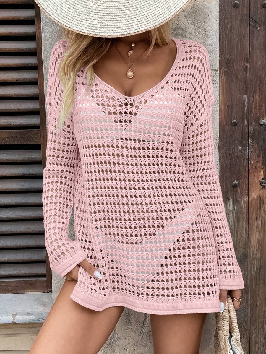 Long-sleeve openwork knit beach cover-up for women