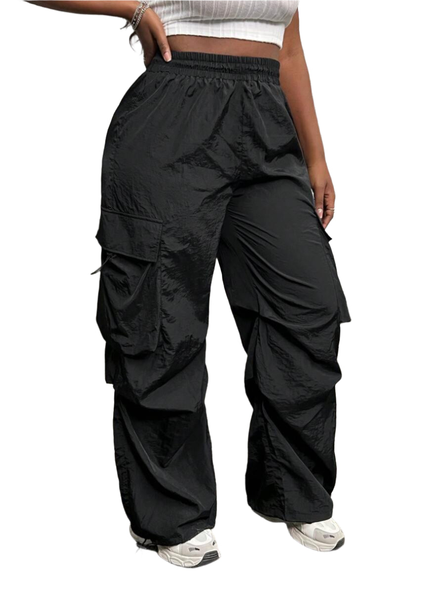 Pantalon utilitaire à jambes larges et taille haute élastique pour femme
