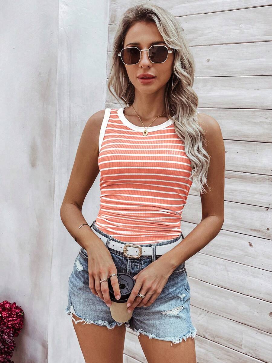 Ribbed striped knit tank tops for women – Casual summer top
