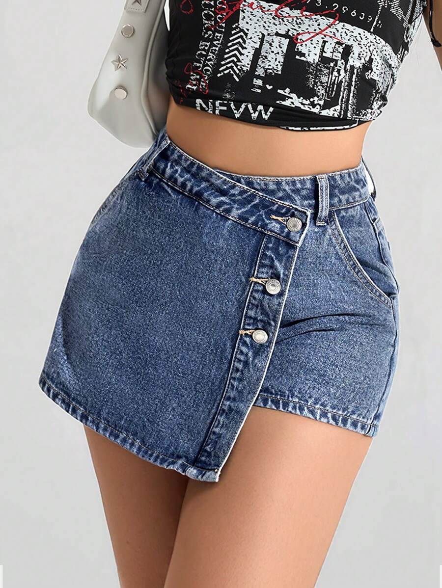 Mini-jupe en jean taille haute avec bouton sur le devant pour femme
