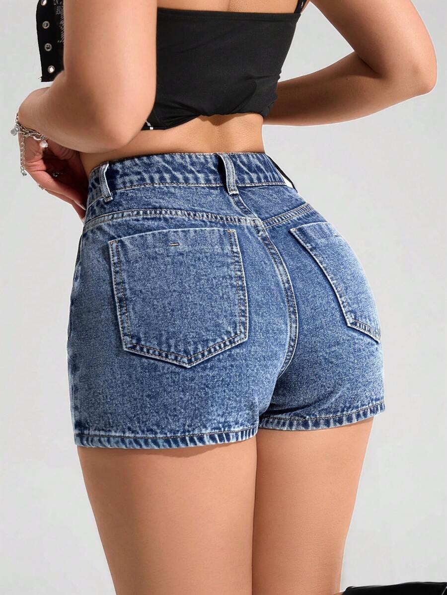 Mini-jupe en jean taille haute avec bouton sur le devant pour femme