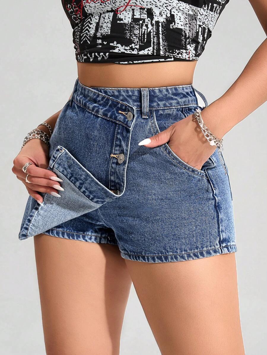 Mini-jupe en jean taille haute avec bouton sur le devant pour femme