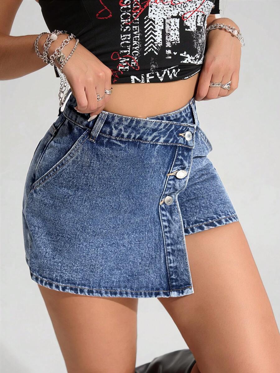 Mini-jupe en jean taille haute avec bouton sur le devant pour femme