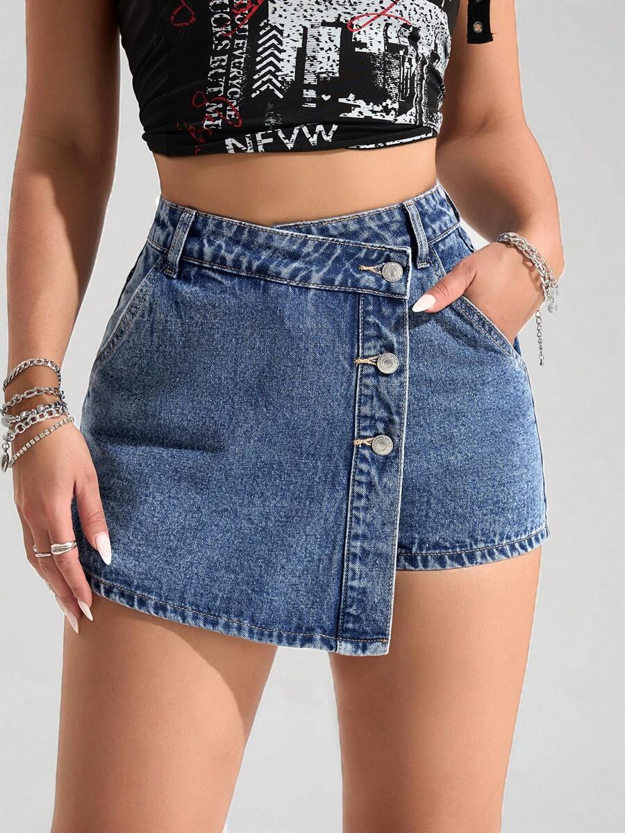 Mini-jupe en jean taille haute avec bouton sur le devant pour femme