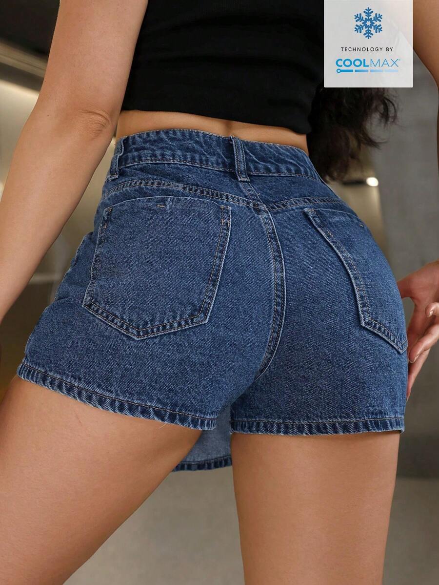 Mini-jupe en jean taille haute avec bouton sur le devant pour femme