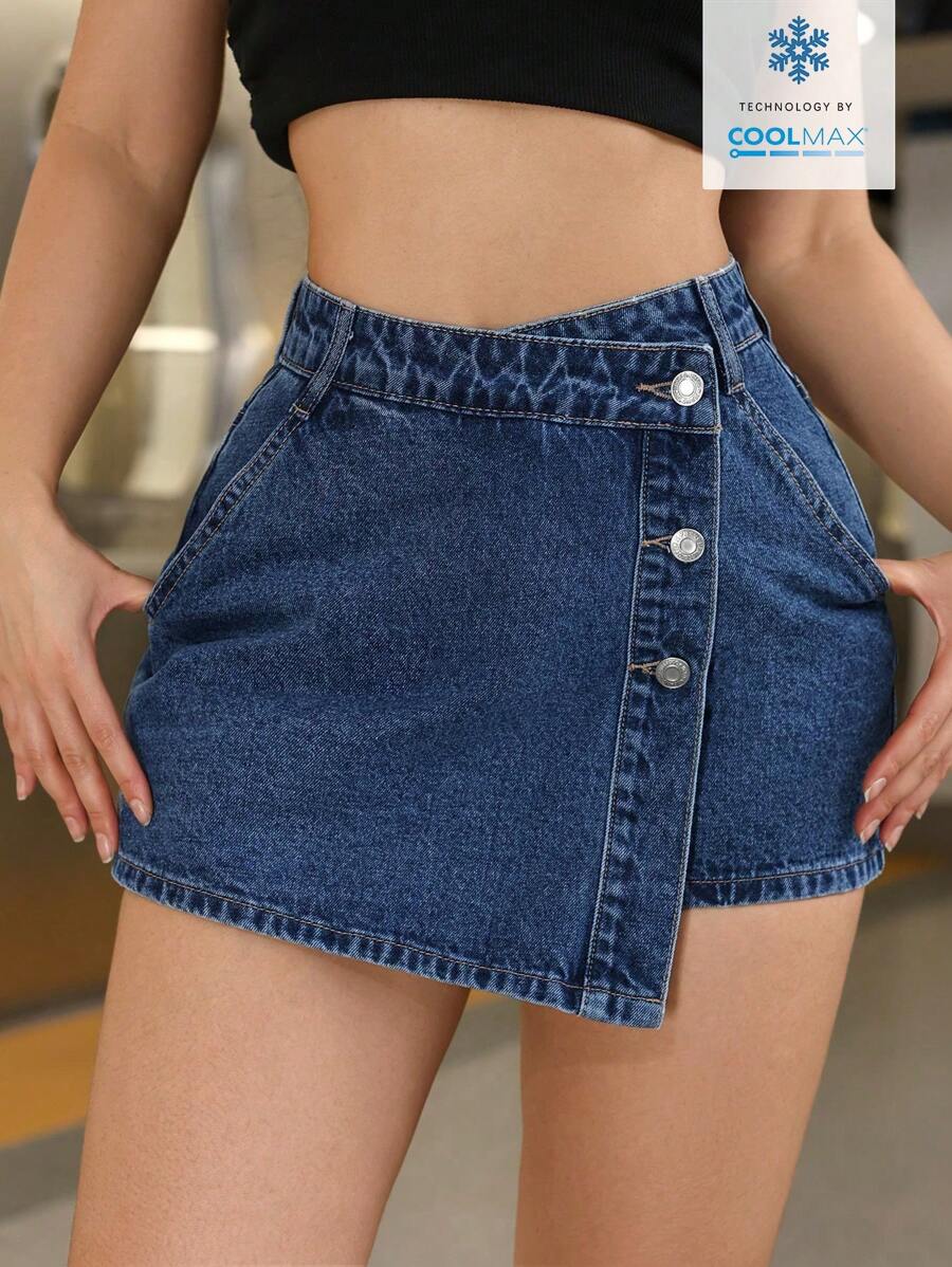 Mini-jupe en jean taille haute avec bouton sur le devant pour femme