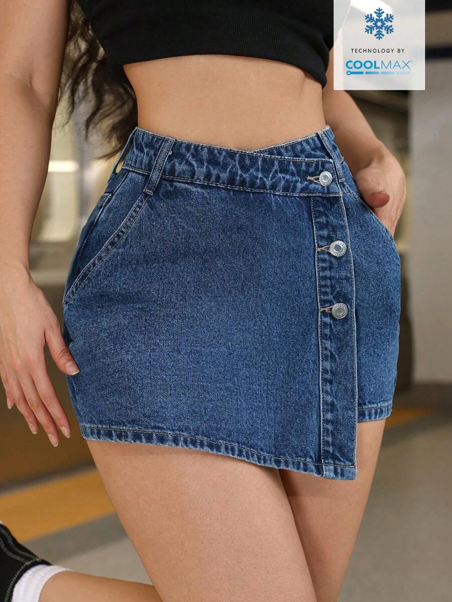 Mini-jupe en jean taille haute avec bouton sur le devant pour femme