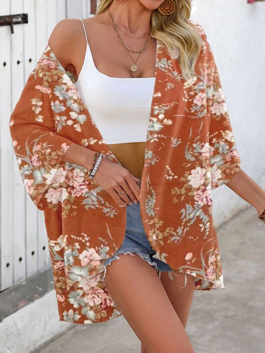 Batwing sleeve beach cover-ups with floral print for women